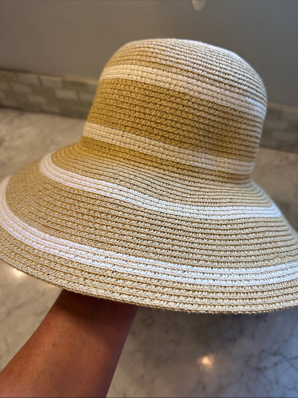 Beach Hat Summer Tan and White Straw Hat